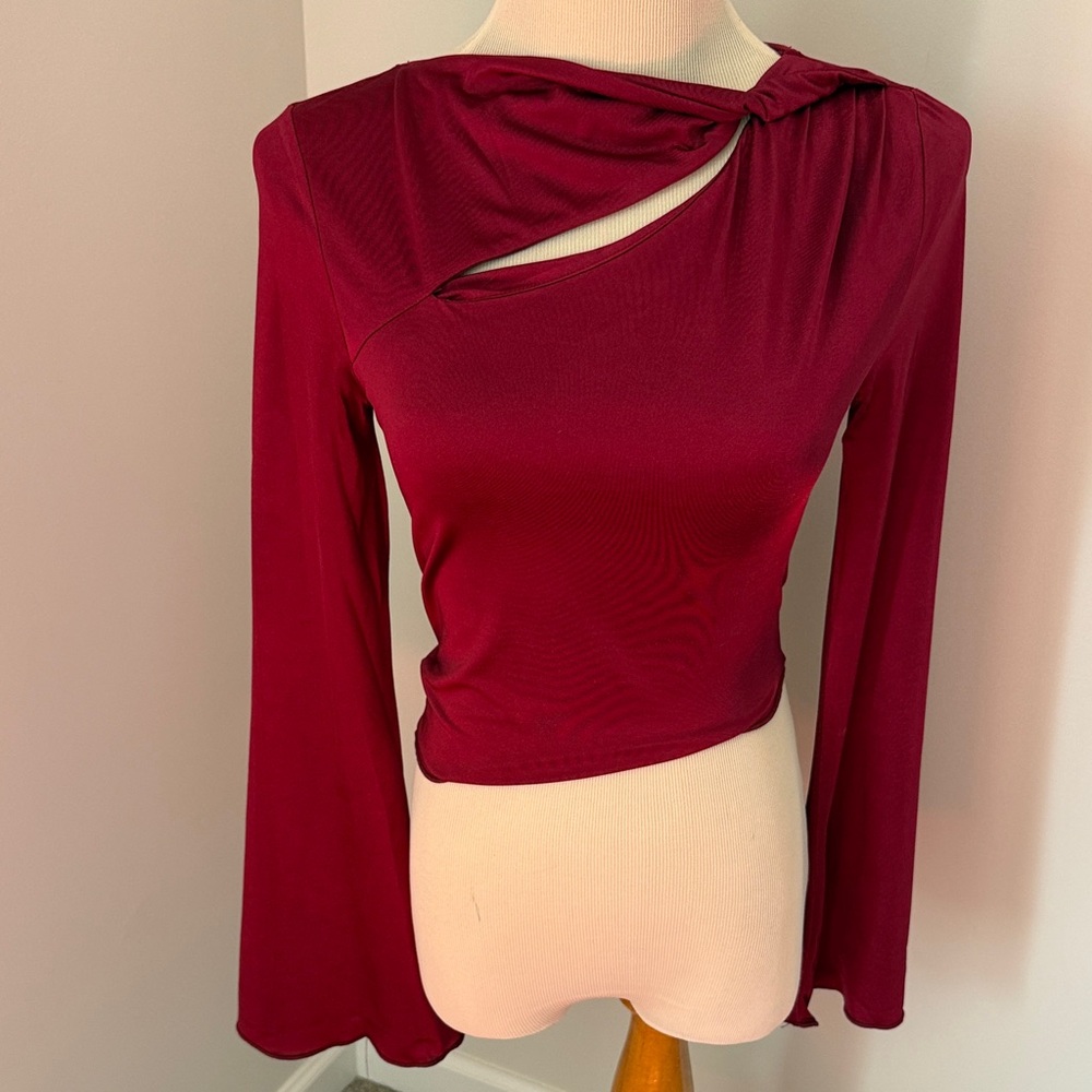 Cider Wine-Red Long Sleeve Twist Cutout Top